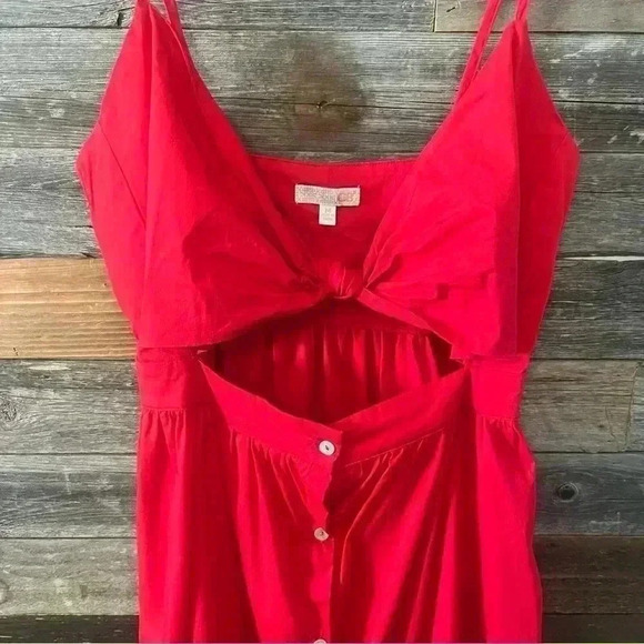 GB Cotton Stretch Red Spaghetti Strap Peep Stomach Button Down Tank Sun Dress M - Picture 4 of 8